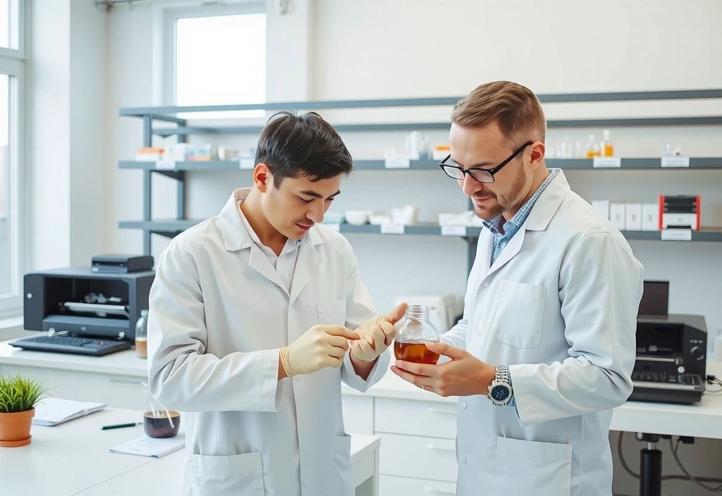 Scientists in a modern lab performing quality control tests on natural ingredients.