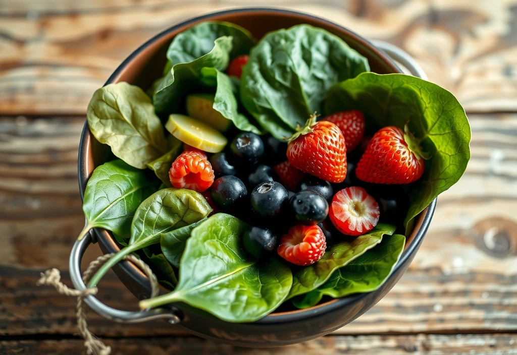 A vibrant bowl of fresh berries and green leafy vegetables, rich in antioxidants, against a rustic wooden background.