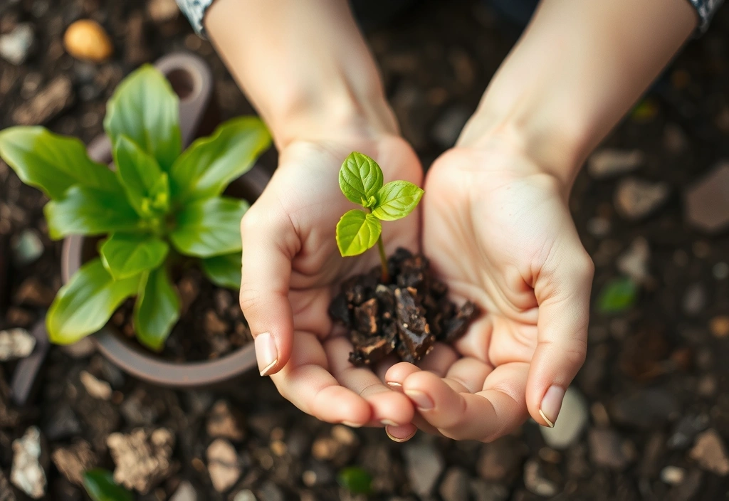 A pair of hands gently holding a small, vibrant green plant sprout, symbolizing growth, nature, and care.