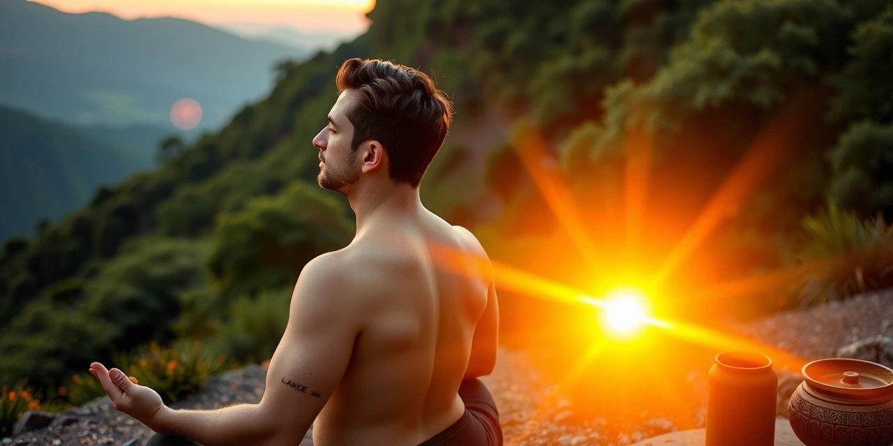 Man meditating in a serene natural setting, symbolizing health and vitality