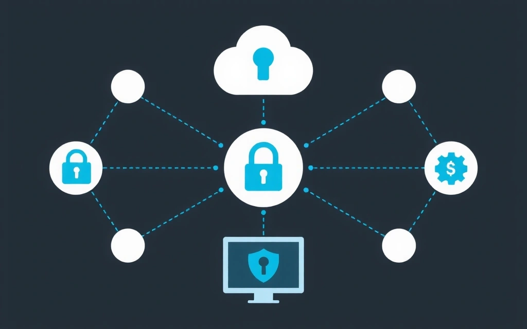 A depiction of secure data flow between various digital entities, with encryption symbols and a shield icon.
