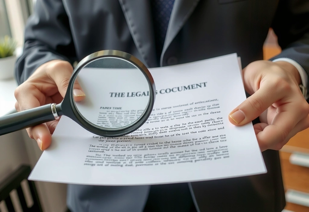Person reading a legal document with a magnifying glass